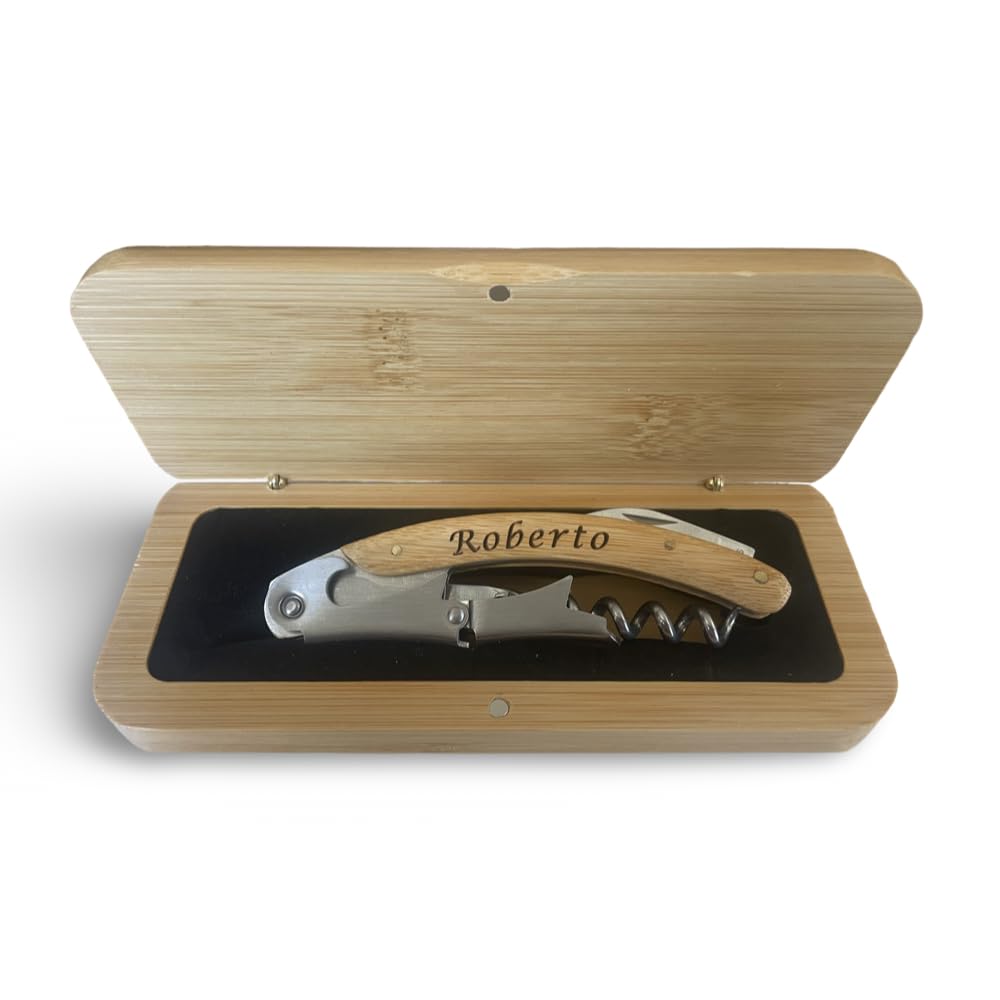 regalo grabado - Sacacorchos Profesional Personalizado | Bambú Natural | Sacacorchos Personalizado y la Caja Tambien | Estuche Eco-Friendly de Bambu | Regalo Cumpleaños, Padre, Evento