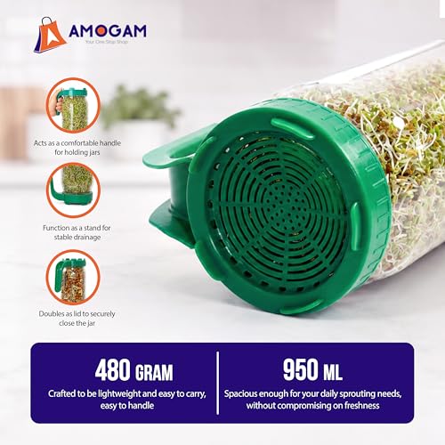 Image of Sprouts Maker Glass Jar - 950ml Large Sprouts Maker Jar for Home Use | BPA-Free Sprouting Jar with Drain Lid Handle | Reusable Glass Sprout Maker Jar for All Seeds and Beans (Green - 2pcs)