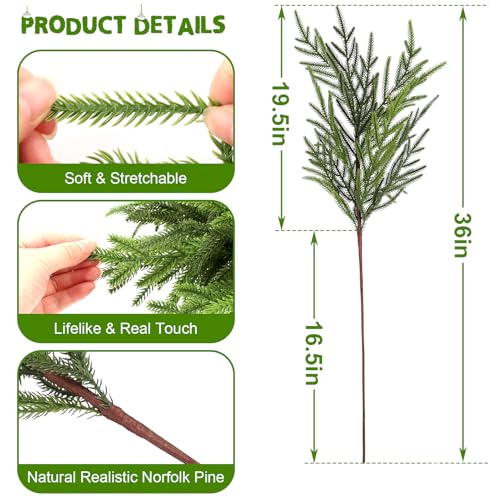 12Pcs 36Inch Realistic Norfolk Pine Branches, Artificial Real Touch Christmas Pine Stems Picks Greenery Fake Cedar Pine Branch for Vase DIY Crafts Wreaths Garland Xmas Indoor Outdoor Home Decor by Wsorik - Image 2