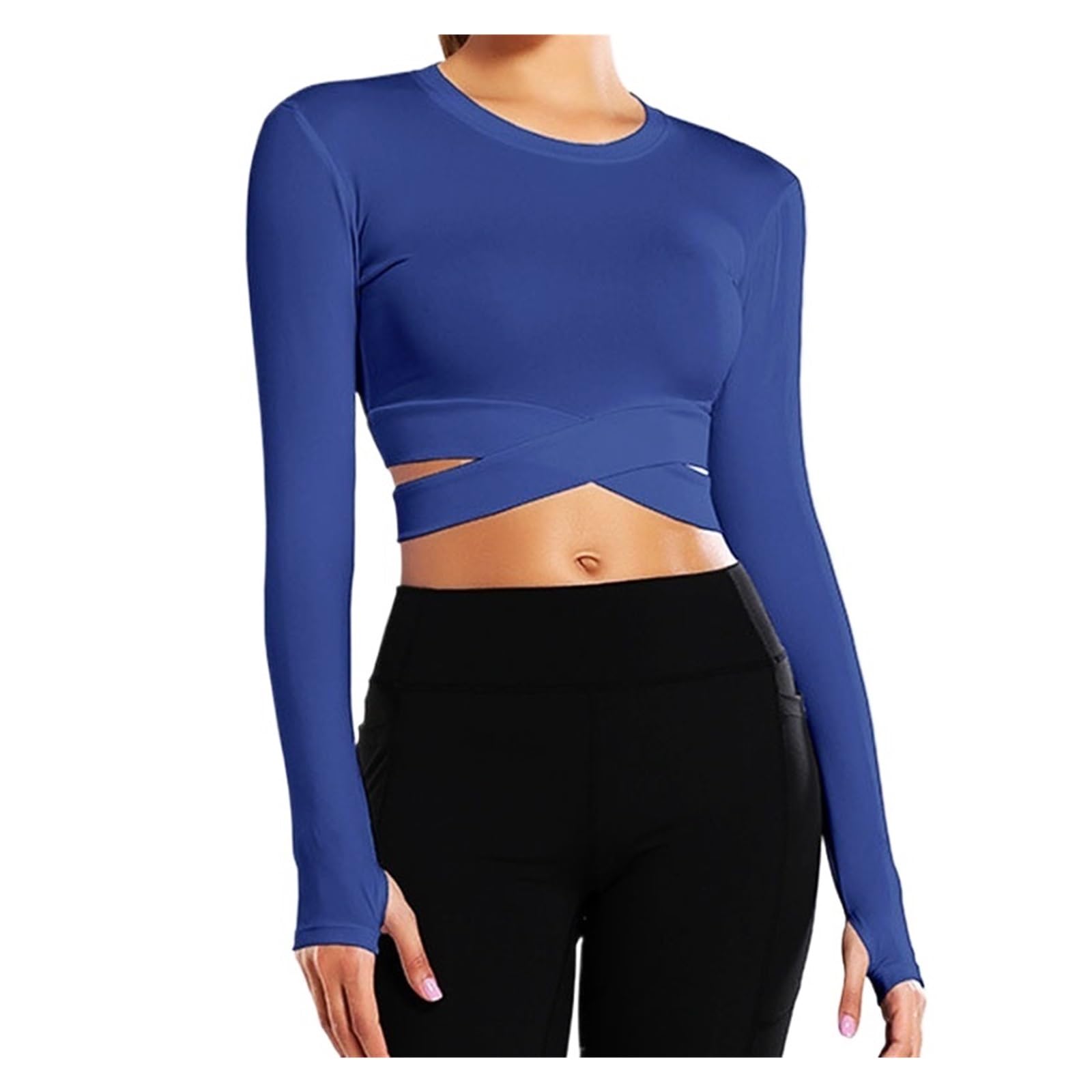 Top yoga a maniche lunghe donna Top da yoga a maniche lunghe Miidriff | Sport Fitness Crop Top Camicie da palestra Canotte da corsa slim fit Criss Cross Vita incrociata