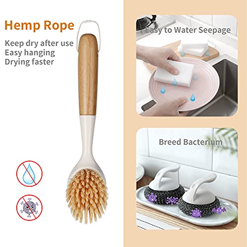 2 Pack Kitchen Dish Brush Bamboo Handle Dish Scrubber Built-In Scraper, Scrub Brush For Pans, Pots, Kitchen Sink Cleaning, Dishwashing And Cleaning Brushes Are Perfect Cleaning Tools, White #TOP1