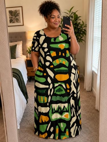 Image of PinkPatty Plus Size Maxi Dress for Women Summer Casual Short Sleeve Tshirt Dresses with Pockets (XL-6XL)