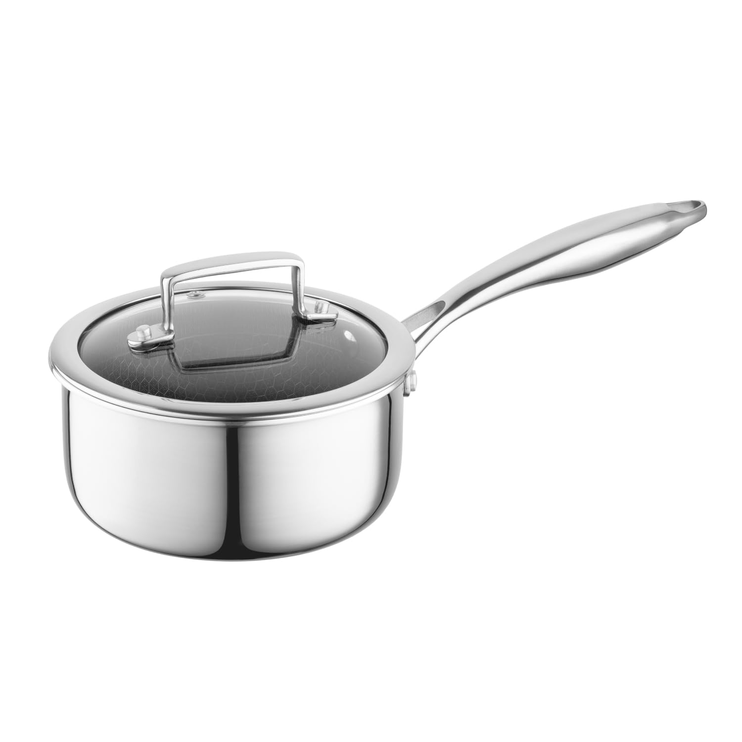 FLORINA Edelstahl Stieltopf mit Glasdeckel ARISTO 16 cm 1L | Antihaftbeschichtung mit Wabeneffekt | Stielkasserolle Für alle Herdarten | Hitzebeständiger Deckel | Kann im Backofen verwendet werden