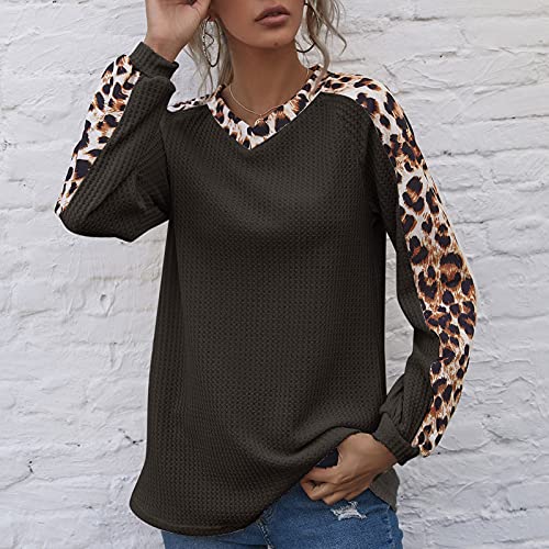 Domary Moda feminina blusa de inverno leopardo com costura com decote em v manga longa pulôver casua