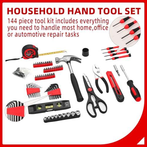 Image of 144-Piece Red Home Tool Set, Household Hand Kit with Plastic Toolbox | Basic repair tools for women & college students, all-purpose dorm set for home, apartment, office & daily household DIY use