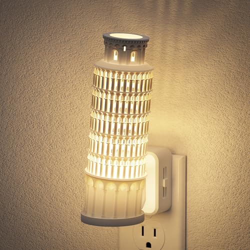 Image of JandCase Night Lights Plug into Wall, 3000K Plug in Night Light | 3D Printed Leaning Tower of Pisa NIghtlight with Dusk to Dawn Sensor, 0-100LM Adjustable Brightness for Room Bathroom Hallway