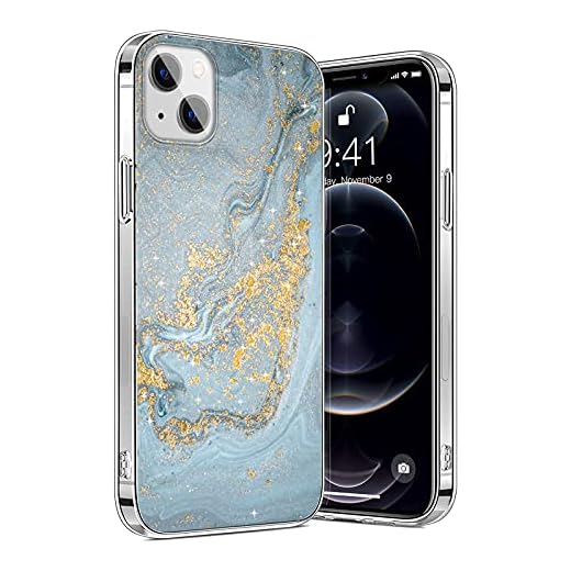 SaharaCase Marble Series Case Cover for Apple iPhone 13 & iPhone 14 (2022) [Shockproof Bumper] Rugged Protection Anti-Slip Grip Slim Fit (Blue/Gold)