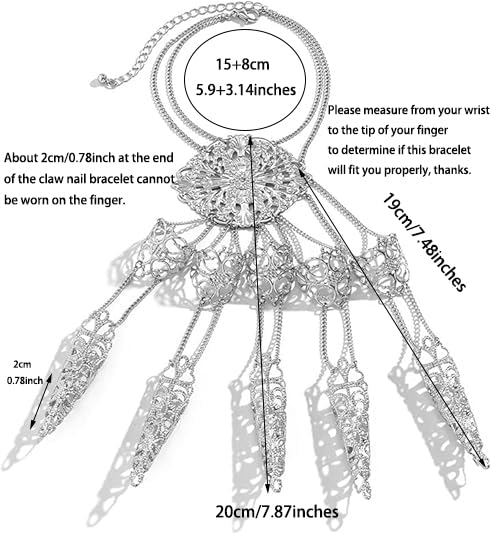 Octwine Pack of 1 Punk Ancient Queen Finger Nails Tip Claw Bracelet Belly Dance Hand Chain Cosplay Costume Jewelry for Women (Silver)4