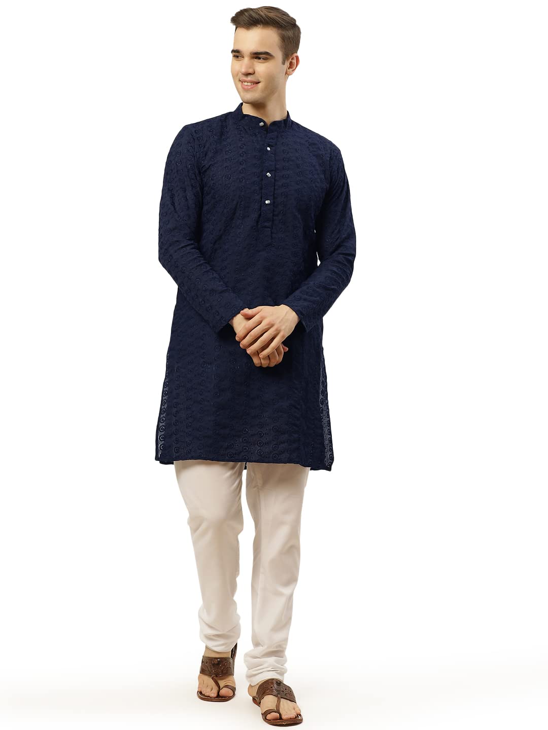 Jompers Men's Navy Blue Embroidered Straight Kurta Pyjama Set. (Navy, L)