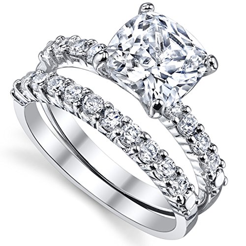 Metal Masters CO. Womens 2.5Ct Wedding Engagement Ring Band Set Fabulous Cushion CZ Sterling Silver 9252