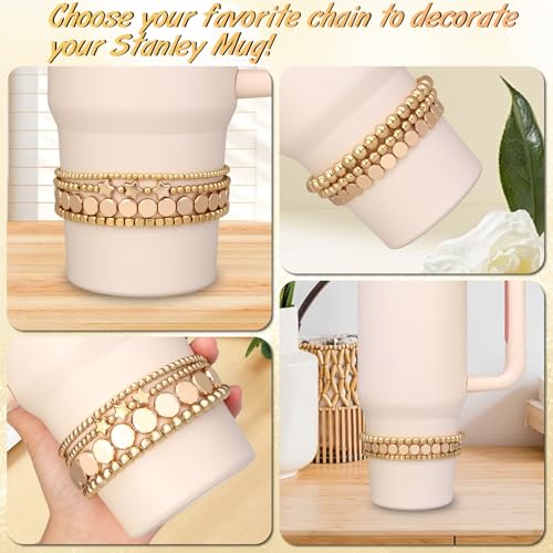Bracelets for Stanley Cup Accessories, 6Pcs Bracelet Stack Charms for Stanley 40 oz&30 oz Tumbler with Handle, Delicate Beads Charm Attachments for Stanley Decorations（Gold）3