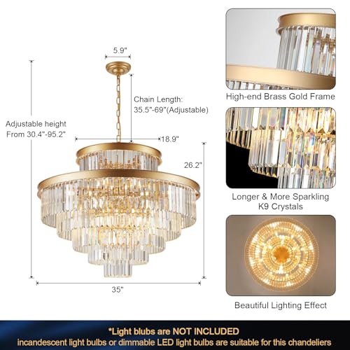 Image of 6-Tier Large Gold Crystal Chandeliers 35 inch Modern Luxury Foyer Chandeliers