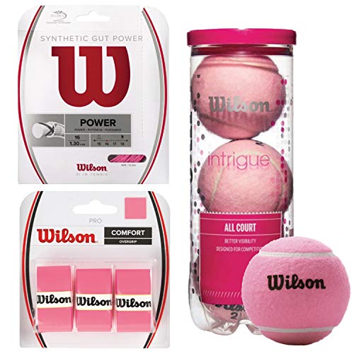 Wilson Pink Pro Accessory Starter Pack - Bundle with A Set of Wilson Synthetic Gut Power 16g Pink Tennis String, 3-Pack Pink Pro Overgrip, 3-Ball Can Intrigue All Court Tennis Balls