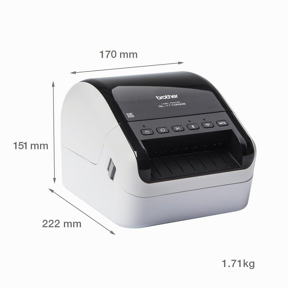 Brother QL1110NWBC | Etikettendrucker | Anschließbar an PC | USB, LAN, WiFi, Bluetooth | bis zu 110 mm/sec | DK-Rollen bis zu 101,6 mm (4") | Druck in Schwarz auf Weiß