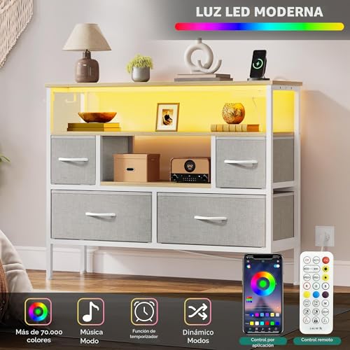 Cómoda de tela con 4 cajones y luces LED gris claro para televisión 6