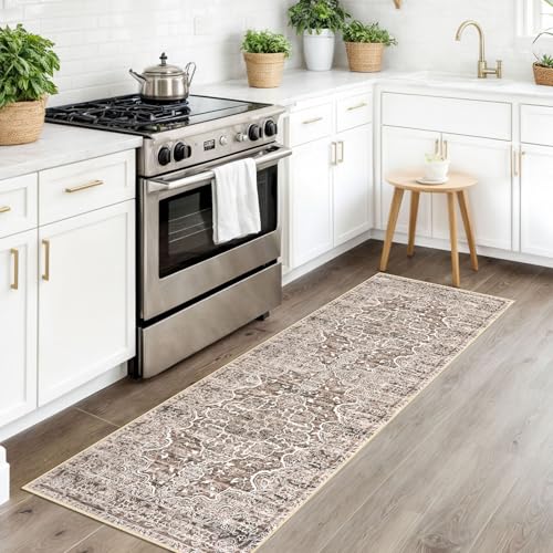 KUTA Vintage Washable Runner Rug, 2x6 Brown Runners for Hallways Non-Slip Floral Kitchen Rugs Ultra Soft Printed Distressed Floor Carpet for Laundry Bedroom Living Room Nursery