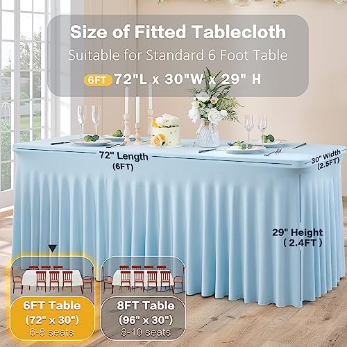 Image of 3 Packs Baby Blue Spandex Tablecloths for 6 Foot Rectangle Tables, Stretchy Fitted 6FT Blue Table Skirt for Wedding Party, Wrinkle Free Tablecloths for Banquet Wedding Birthday Party