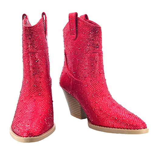 Image of ABSOLEX Women Western Cowgirl Cowboy Pointed Toe Rhinestone Ankle Booties
