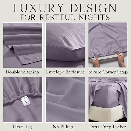 Image of KARISSA MAE 6 Piece Luxury Bamboo Viscose Queen Sheet Set, 4 Pillowcases | FSC Certified | Cooling | Ultra Soft | 18 inch Deep Pockets | Elastic Corner Straps | Includes Organizer Band [Plum]