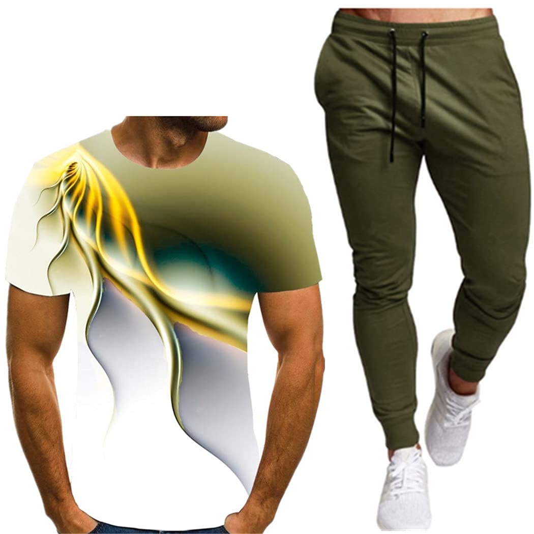3D Druck T-Shirt Anzug 2 Teilig Herren Sportanzug Basketball Sport Fitness Kurzarm und Hosen Anzug, dunkelgrau, XL