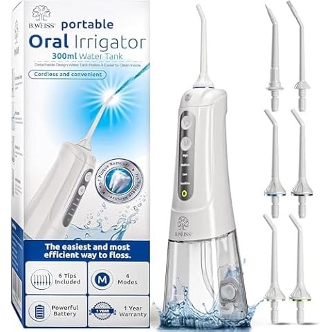 Water Flosser Cordless Pick for Teeth, 4 Modes, Gentle on Gums, Removes Plaque & Food Particles, B. WEISS High-Power, Rechargeable & Waterproof Oral Irrigator; 6 Tips Included, Porcelain White Cover