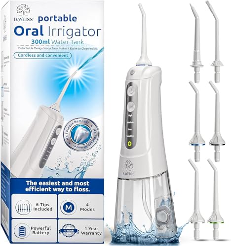Water Flosser Cordless Pick for Teeth, 4 Modes, Gentle on Gums, Removes Plaque & Food Particles, B. WEISS High-Power, Rechargeable & Waterproof Oral Irrigator; 6 Tips Included, Porcelain White