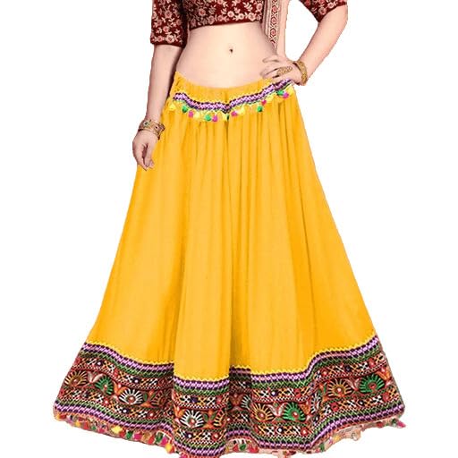 Rajasthani Embroided Border Rayon Skirt for Women (44, Yellow)