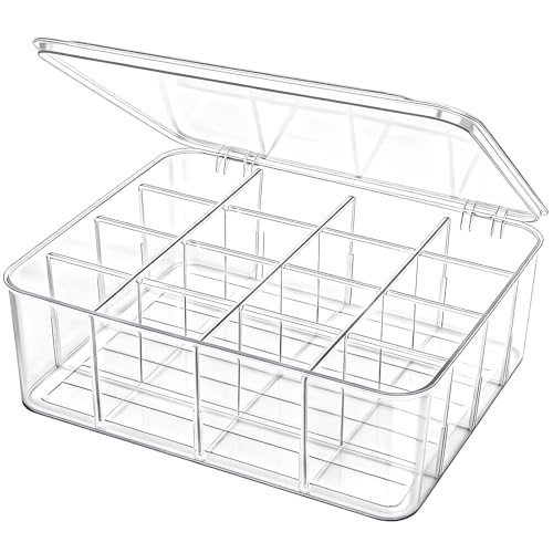 Adjustable Sock Underwear Drawer Organizer Dividers, 16 Grid Clear Tea Bag Holder with Lid, Removable Divided Tie Organizer Box, Plastic Storage Bin for Scarves Bras