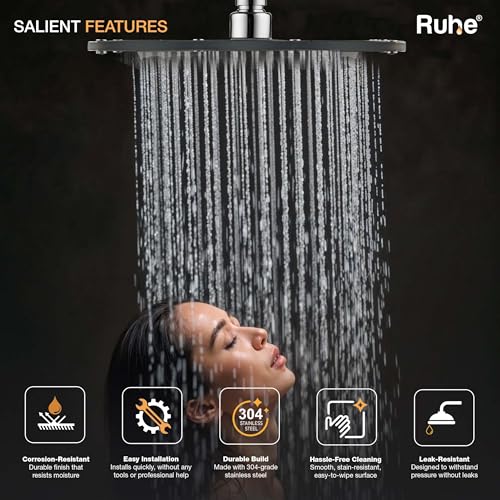 Image of Ruhe Rain Joy 304-Grade Stainless Steel Overhead Shower with Chrome Finish | 8x8 Inches Rain Shower for Bathrooms | Powerful Square Showerhead with Easy-to-Clean Silicone Nozzles | WITHOUT SHOWER ARM
