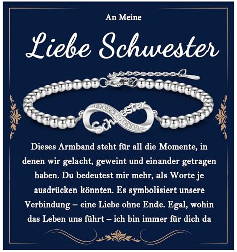 EYQV Schwester Geschenk, Infinity Armband mit Gravur für Schwester, Geburtstagsgeschenk für Schwester, Geschenke für Große Kleine Schwester von Bruder zum Geburtstag Weihnachten Abschluss Kommunion