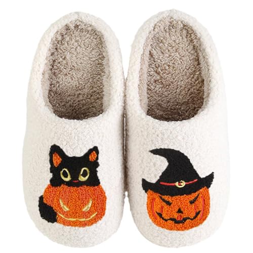 NENFAL Women's Men's Halloween Pumpkin Cat Slippers with Soft Memory Foam, Fuzzy Plush Fur Lined Slippers, Size 41-42
