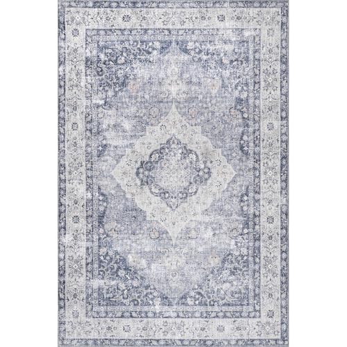 Tapis médaillon lavable en machine nuLOOM Elsa bleu coton