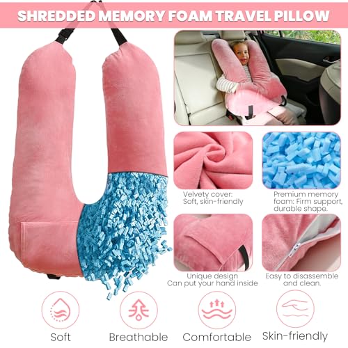 Image of Travel Pillow, Car Pillow for Kids & Adults, Kid Travel Sleeping Pillows for Neck & Body Support, Car Travel Essentials Pillow on Road Trips, Pink