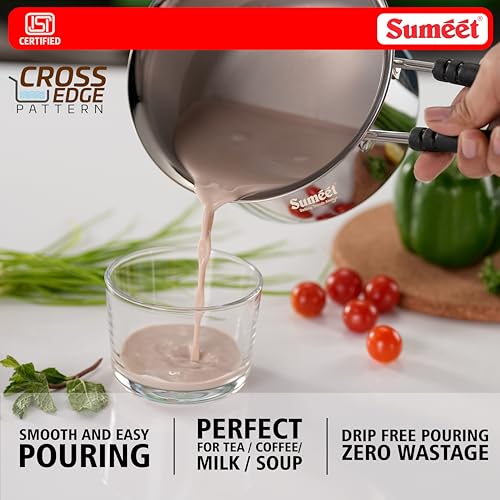 Image of Sumeet ISI Certified HeavyPly Premium Stainless Steel Cross Edge Induction & Gas Stove Friendly Saucepan /Milk Pan /Tea Maker with Lid - 1150ml