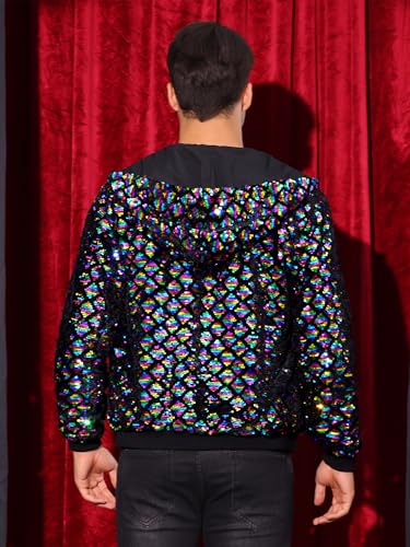 Image of Lars Amadeus Argyle Multicolor Sequins Jackets for Men's Long Sleeves Metallic Shiny Hooded Disco Jacket Small