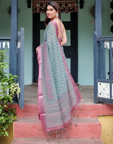 Image of SIRIL Women's Cotton Linen Printed Saree with Unstitched Blouse Piece