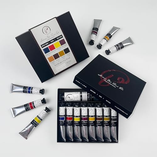Non-Toxic Vegan & Fast-Drying Artist Oil Paint Set (1x50ml + 8x22ml) High Pigment Load with Natural Calcium Drier & Pure Flaxseed Oil Complete Essential Colours for Landscape Portrait & More