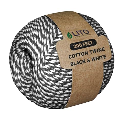 Image of LITO LINEN AND TOWEL 100% Cotton Twine Macrame Thread | Natural Cotton String for Cooking, Baking, Wrapping, Crafts, DIY Garden Decor & Gift Packaging (Black & White, 12PLY- 200 FEET- Pack of 1)