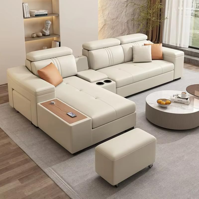 Image of Homax. Nimra Smart L-Shape 6-Seater Sectional Sofa Set with Console, Cup Holders, Charging Station & 2 Ottomans - Premium Leatherette Finish - Beige Color, Orentation RHS.