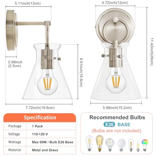 Image of Wall Sconce for Bathroom 6 inch Clear Glass Shade Nickel 1 Pack | Modern Vanity Light Fixtures, Hardwired Wall Mount Lighting, Farmhouse Wall Lights for Living Room