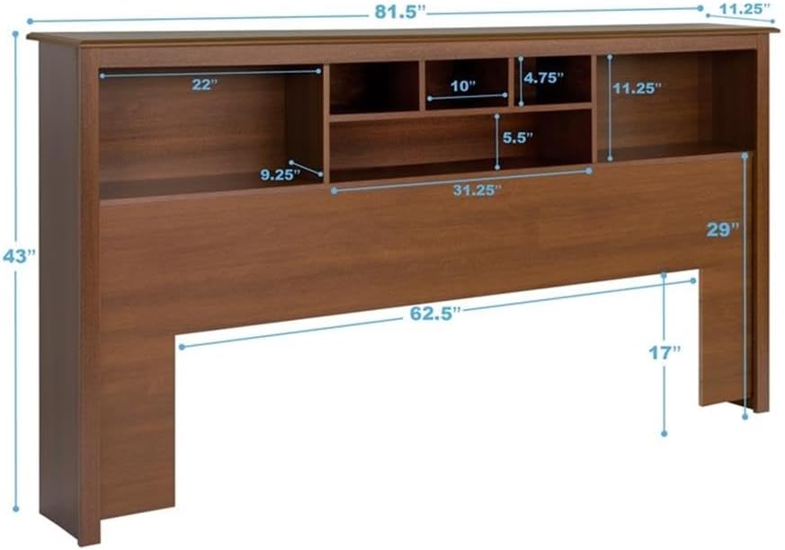 Pemberly Row King Bookcase Headboard, 82" W x 11" D x 43" H, Cherry Finish, Laminated Composite Wood, Adjustable Shelf, Transitional Style Bedroom Furniture