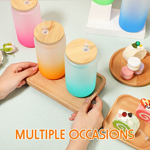 12 Pack Sublimation Glass Blanks 16Oz Sublimation Color Changing Glass Cups Frosted Beer Can Tumbler Glass Wide Mouth Mason Jar Mug With Lids And Straws For Juice Iced Coffee Drinks (Gradient) #TOP4