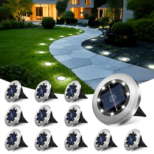 SZPOWER Mini Solar Ground Lights 12 Pack, Solar Lights Outdoor Waterproof, Solar Garden Lights Outdoor Landscape Lighting for Pathway Walkway Patio Yard Driveway, Cold White