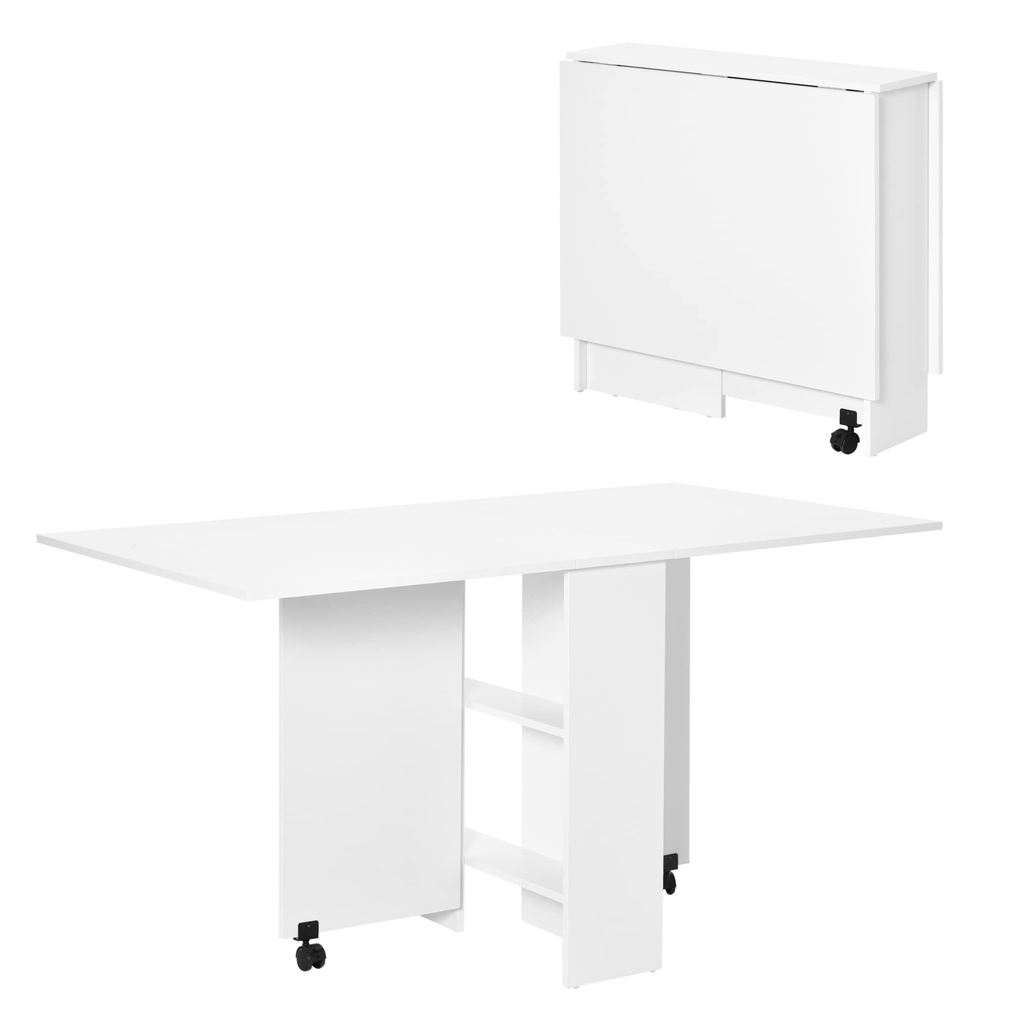 HOMCOM Mesa de Comedor Plegable Mesa de Madera con 2 Solapas 2 Estantes de Almacenaje y Ruedas para Cocina 75x140x74 cm Blanco
