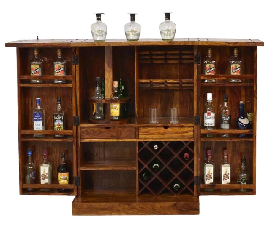 Image of Solid Sheesham Wood Bar Unit Cabinet With Storage Bottle Shelve & Built-in Glass Holder Brass Studs Drink Wine Rack Organizer For Living Room Home & Lounge Dining Cupboard Liquor Furniture