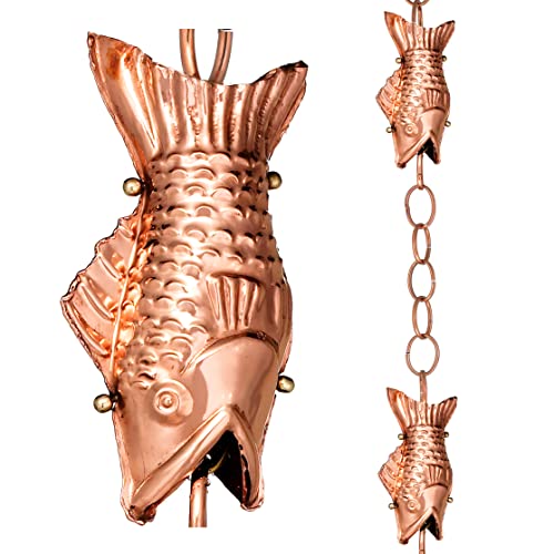 Good Directions 487P-8 Fish Rain Chain - 8.5 ft., with 4 Large Figures, Large Cups 100% Pure Copper
