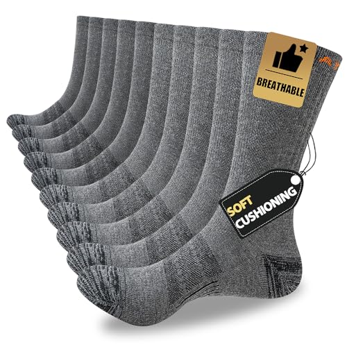 JOYNÉE 5 Pairs Mens Lightweight Athletic Crew Cushioned Breathable Work High Calf Long Boot Socks,Grey,Sock Size:13-15