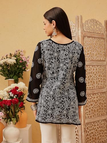Image of Ada Women's Georgette Regular Fit Chikankari Hand Embroidered Lucknow Short Kurti Top A911224