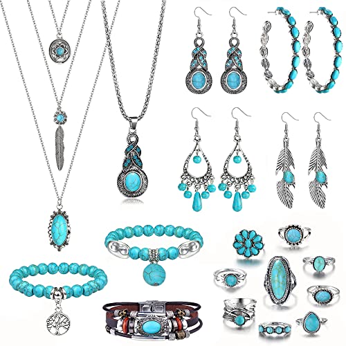 FIBO STEEL Bohemian Turquoise Jewelry Set for Women Western Jewelry Vintage Turquoise Pendant Necklace Bead Bracelet Leather Cuff Bracelet Dangle Earrings Knuckle Rings Boho Jewelry