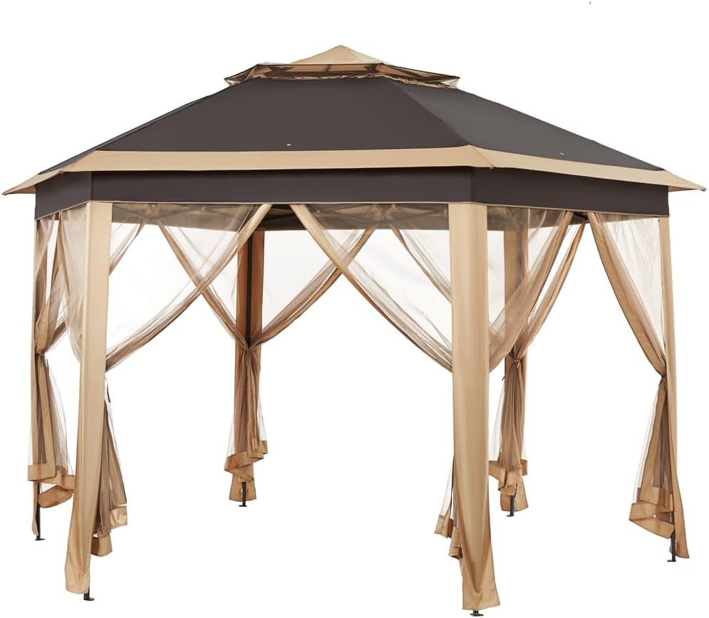 Yaheetech 13x13 Pop up Gazebo, Hexagonal Outdoor Canopy Shelter, Instant Patio Gazebo Sun Shade Canopy Tent with Double Tiers & Mesh Netting for Lawn, Garden, Backyard & Deck, Khaki/Brown with Mesh Khaki/Brown